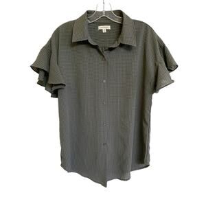 Max Studio Green Checkered Button Up Shirt Flutter Sleeve - M